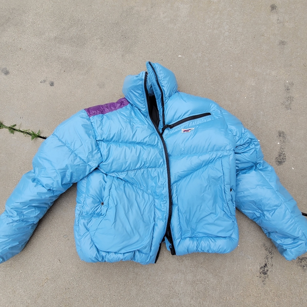 SAMPLE Asics ONITSUKA TIGER DOWN JACKET Light Blue Puffer Jacket with Purple
